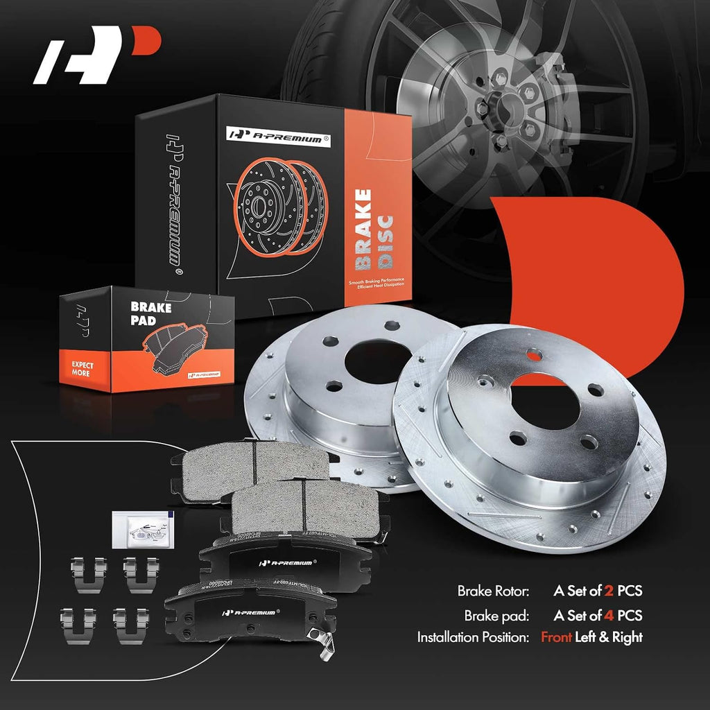 A-Premium 10.94 in(278 mm) Rear Drilled and Slotted Disc Brake Rotors + Ceramic Pads Kit Compatible with Buick, Chevy, Oldsmobile & Pontiac - Century, Impala, Monte Carlo, Grand Am, Grand Prix, 6-PC