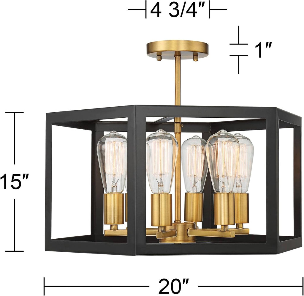 Possini Euro Design Beni Industrial Rustic Farmhouse Ceiling Light Semi Flush-Mount Fixture 20' Wide Antique Bronze Gold 6-Light Open Pentagon Frame for Bedroom Kitchen Living Room Hallway Dining