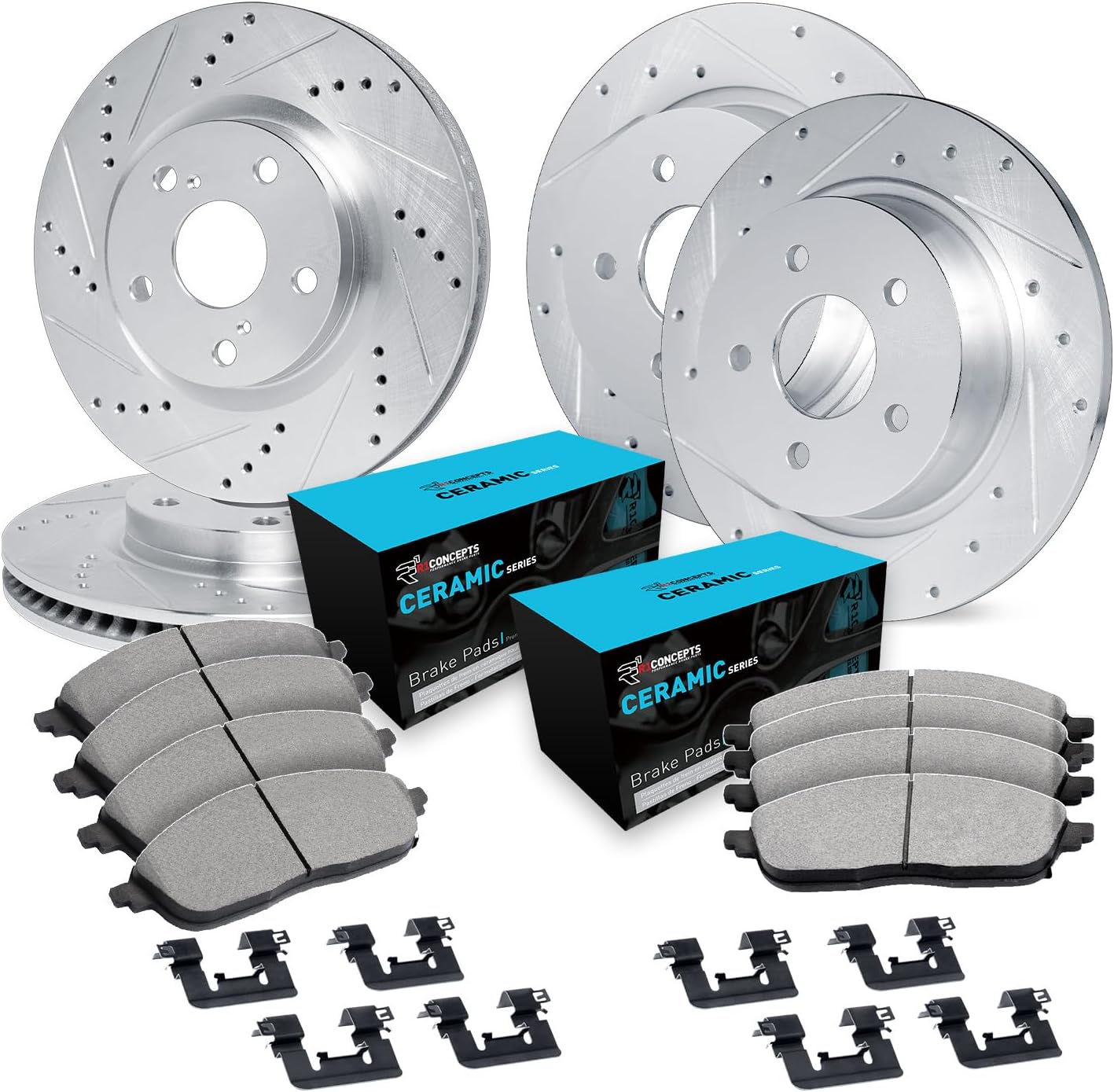 R1 Concepts Front and Rear Brake Kit Fits 2016-2021 Honda Civic| Ceramic Pads, Drilled Slotted Rotors| Hardware| 11.1' Front & 10.2' Rear