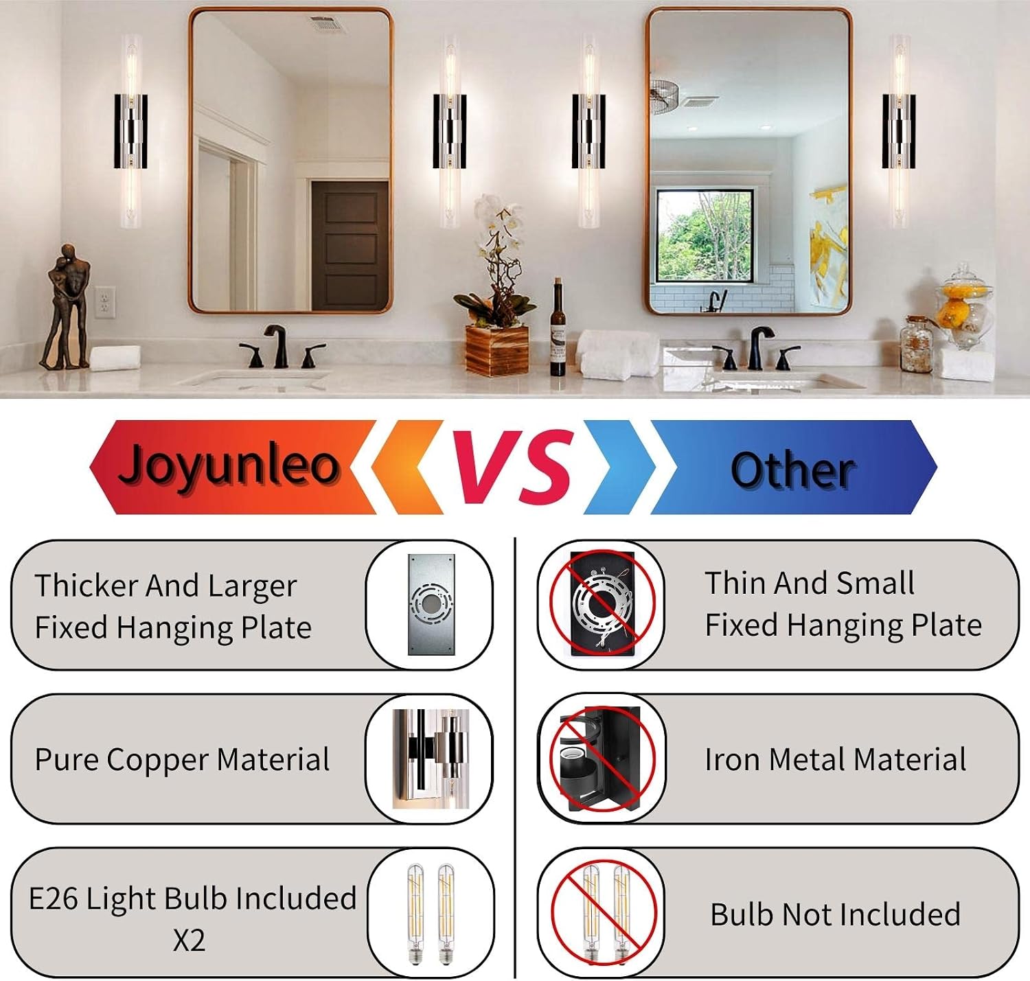 Chrome Wall Sconces, 22.8' Bathroom Sconces, Indoor Sconces Wall Lighting Up and Down, Nickel Wall Sconce Set of Two Dimmable, Vanity Lights for Bathroom with Tube, Glass Sconce for Bedroom, Staircase