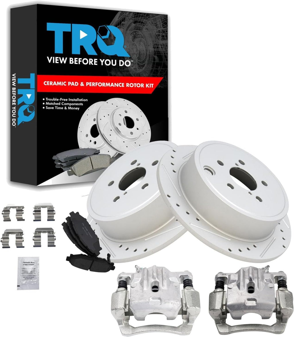 TRQ Performance Rear Brake Pad and Rotor Set Ceramic Solid G Coated Rotors Calipers Compatible with 2012-2013 Subaru Impreza