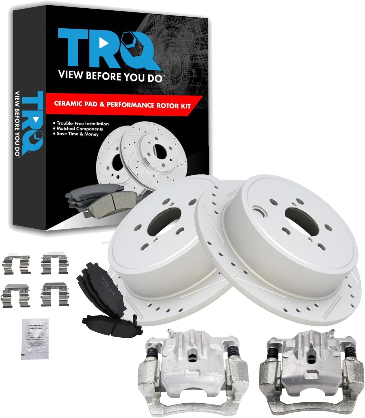 TRQ Performance Rear Brake Pad and Rotor Set Ceramic Solid G Coated Rotors Calipers Compatible with 2012-2013 Subaru Impreza
