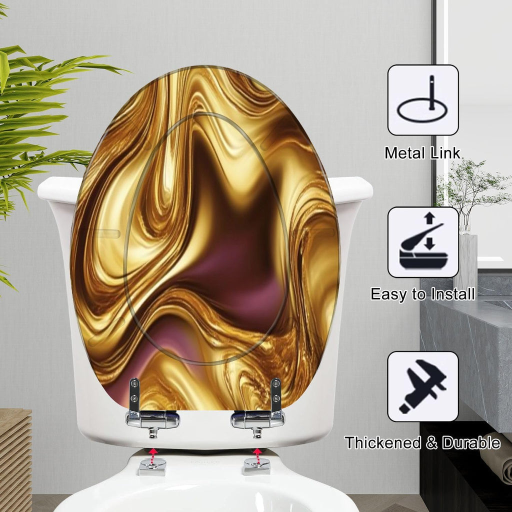 Elongated Toilet Seat Liquid abstract swirl fluid gold silver bronze Resin Toilet Seat Slow Quiet Close Lid with Quick-Release Hinges Cover Bumpers Easy to Clean Install