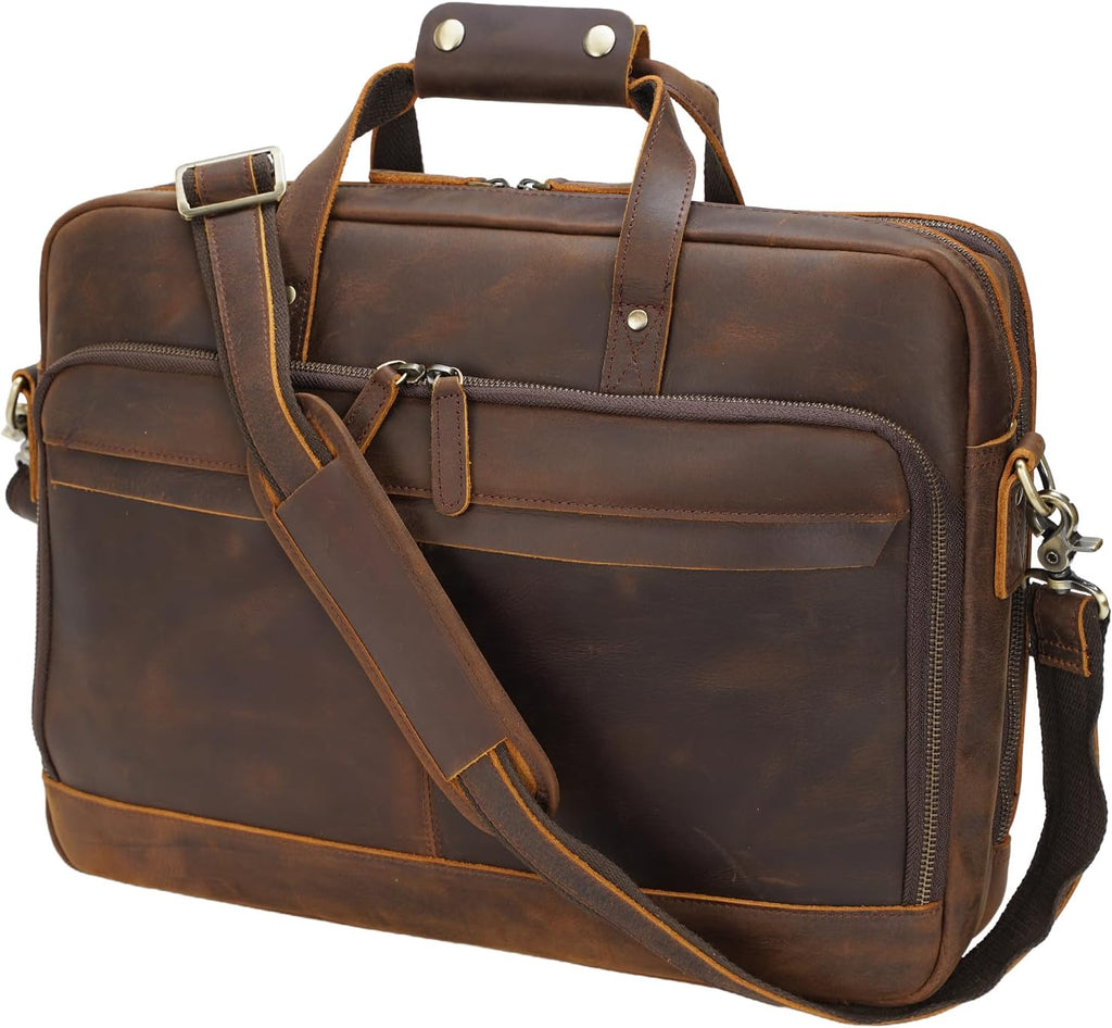 Masa Kawa Leather Briefcase for Men 17/15.6' Laptop Crossbody Shoulder Messenger Bag Business Travel Work Attache Case