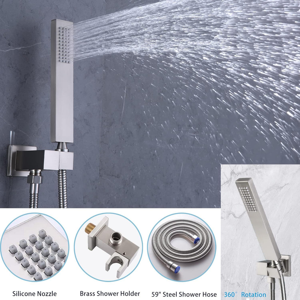 Brushed Nickel Ceiling Full Body Shower System With Dual Shower Heads 12' Top Shower & 8' Side Spray Hand Shower and Waterfall Tub Spout,Digital Display Shower Set