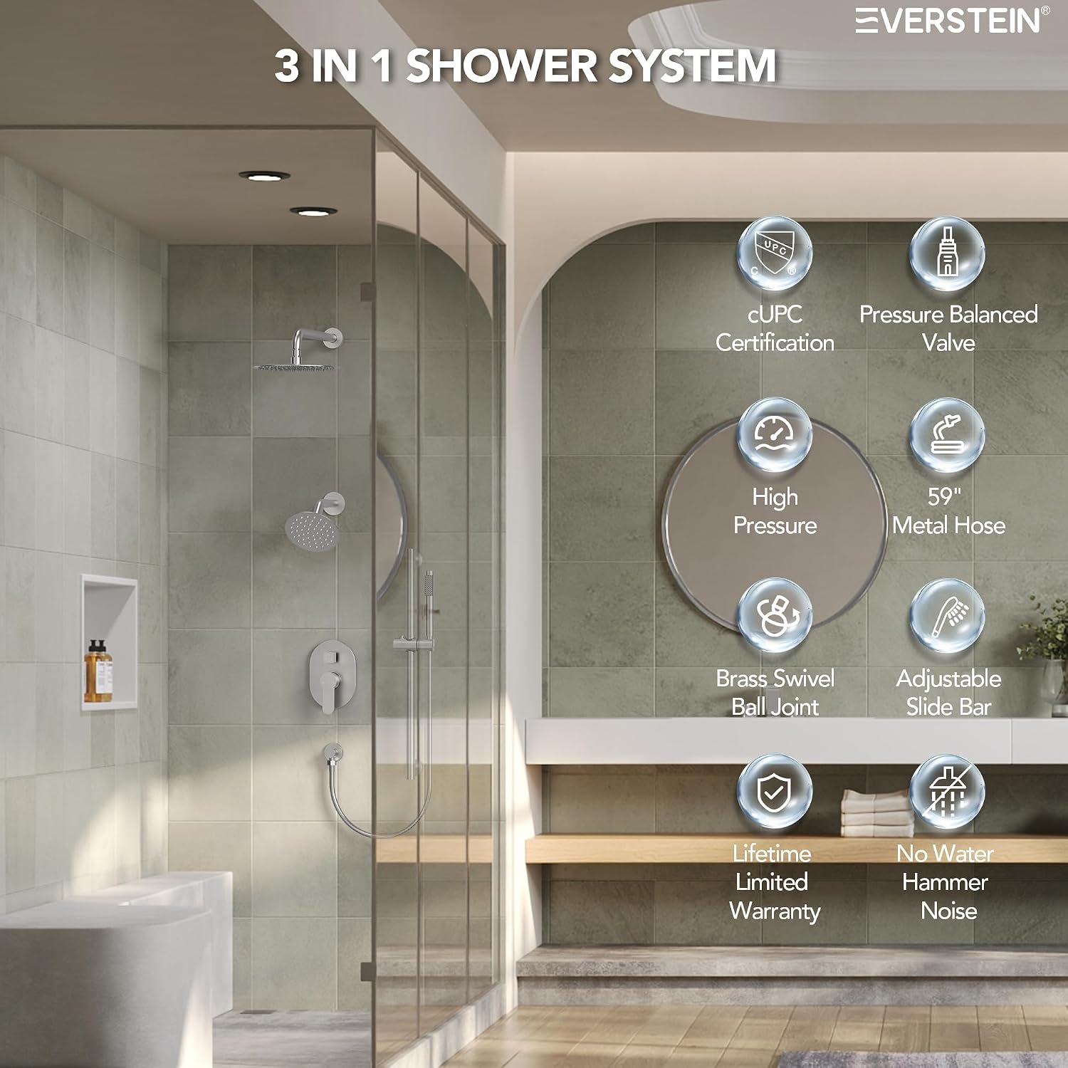 Wall Mount 10' High-Pressure Rainfall Shower Faucet with Slide Bar, Dual Rainfall Shower Head System with Valve (Brushed Nickel)