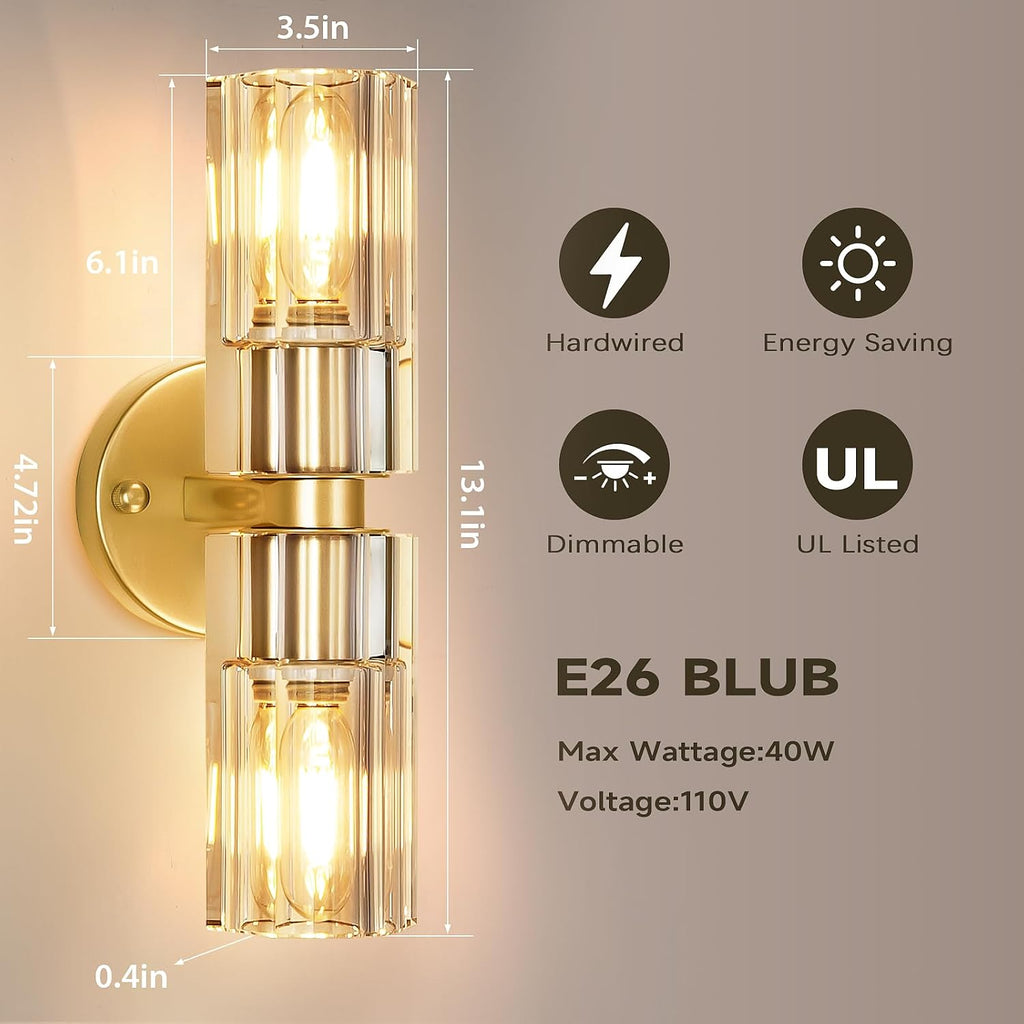 Crystal Wall Sconces Set of Two, 13'' Modern Brass Sconces Lighting with K9 Crystal Lampshade, Indoor Large Brass Wall Light Fixtures for Living Room Bathroom Hallway Stairs Bedroom