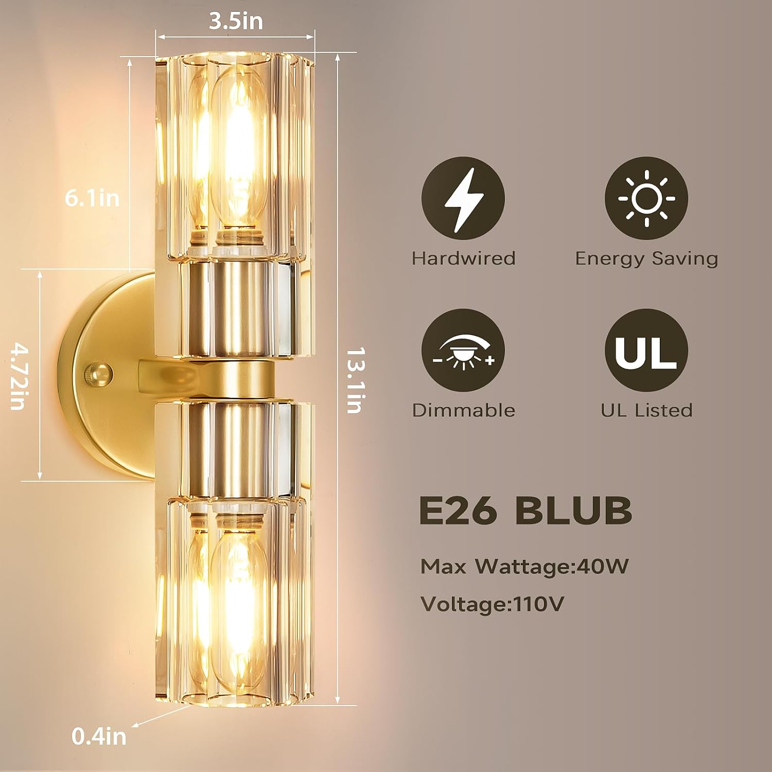 Crystal Wall Sconces Set of Two, 13'' Modern Brass Sconces Lighting with K9 Crystal Lampshade, Indoor Large Brass Wall Light Fixtures for Living Room Bathroom Hallway Stairs Bedroom
