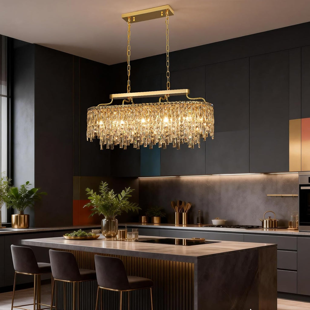 12-Lights Modern Gold Crystal Chandeliers for Dining Room Light Fixtures Over Table | L36' Luxury Crystal Chandeliers for Kitchen Island | Oval Hanging Lighting for Living Room Bedroom Bathroom
