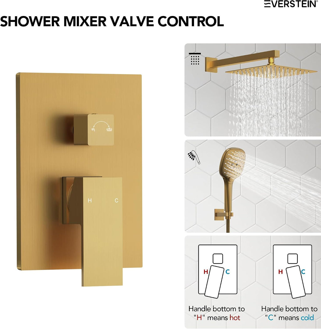 Square Rain Shower System Faucet Set, 10 Inch Rainfall Shower Head with Handheld, Wall Mount Faucet Set with Valve, Brushed Gold