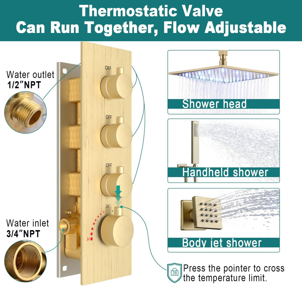 HOMEDEC Luxury Brushed Gold 16inch Shower System with Body Jets, Rainfall Shower Faucet Set with 6pcs Full Body Spray Jets, Ceiling LED Rain Showerhead and Thermostatic Diverter Valve