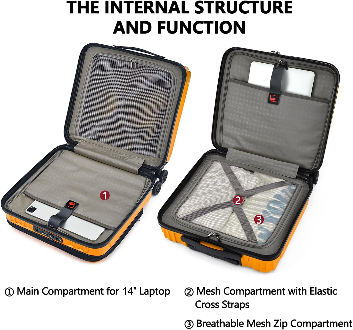 TydeCkare 16' Carry on Luggage with 2 Laptop Compartments, Lightweight Hardshell ABS+PC Suitcase with Dual Control TSA Lock, with YKK Zipper, 4 Spinner Silent Wheels, for Business Travel, Orange