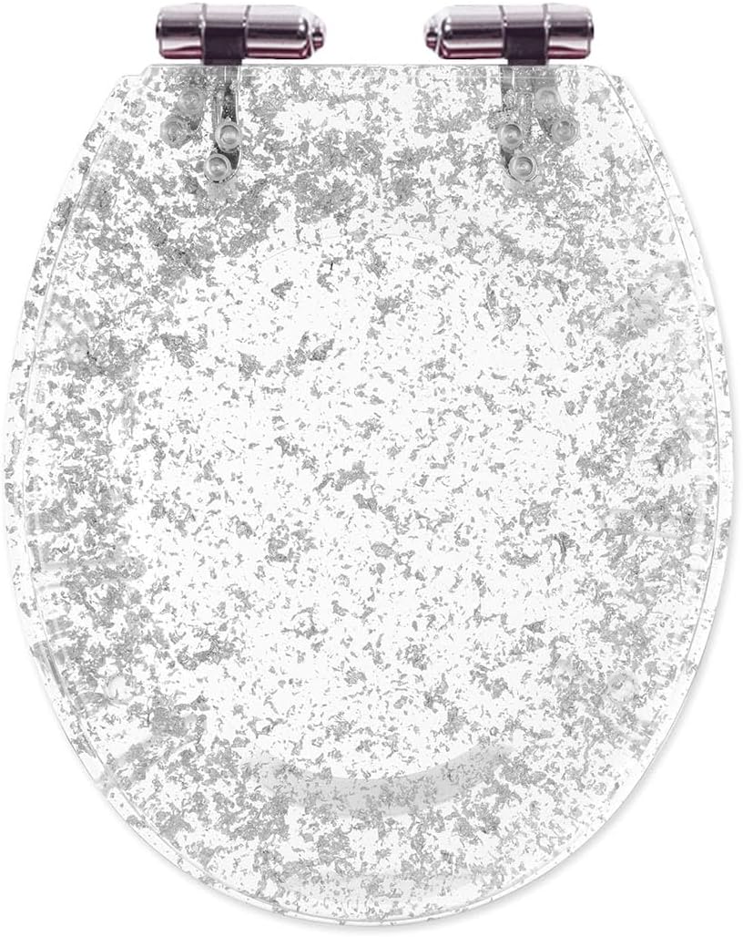 SDVantage Glitter Toilet Seat Oval 36 * 42Cm， Resin Toilet Seat with Quietly Close and Quick Release Hinges， Top Fixing Easy to Install and Easy to Clean，Silver，Silver Leaf