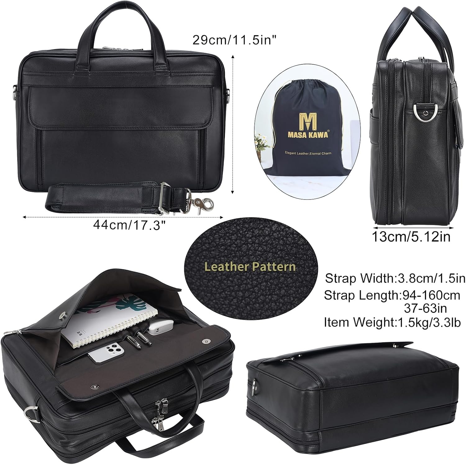 Masa Kawa Leather Briefcase for Men 15.6', 17' Laptop Computer Case Business Travel Work Messenger Cross Body Shoulder Bag