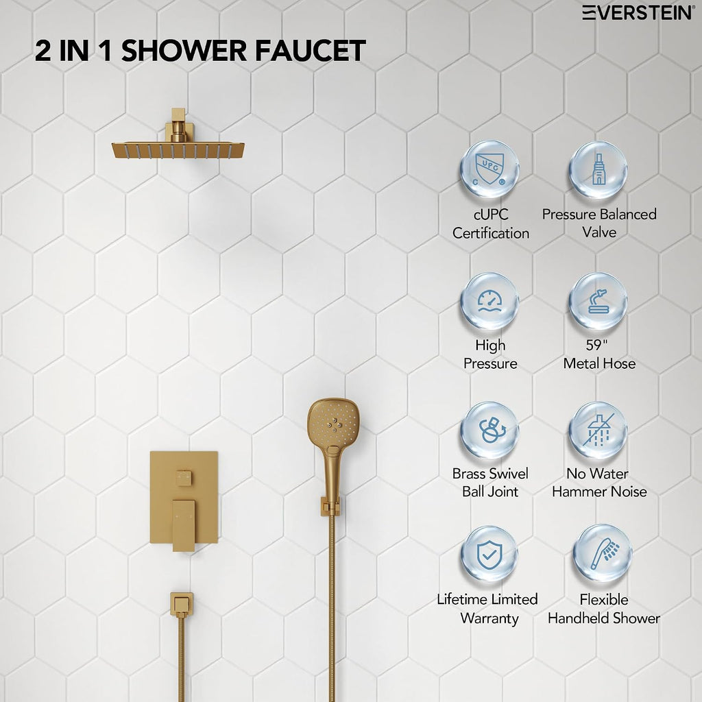 Square Rain Shower System Faucet Set, 10 Inch Rainfall Shower Head with Handheld, Wall Mount Faucet Set with Valve, Brushed Gold
