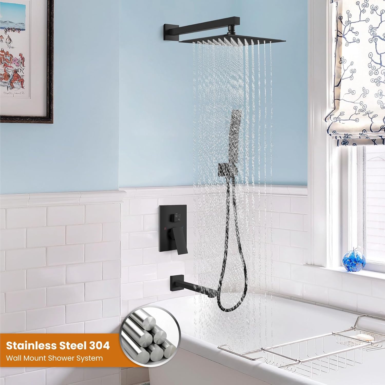 gotonovo Shower System with Tub Spout Wall Mounted Rain Shower Head and Handle Combo Shower Faucet Set with Valve, 12 Inch, Matte Black