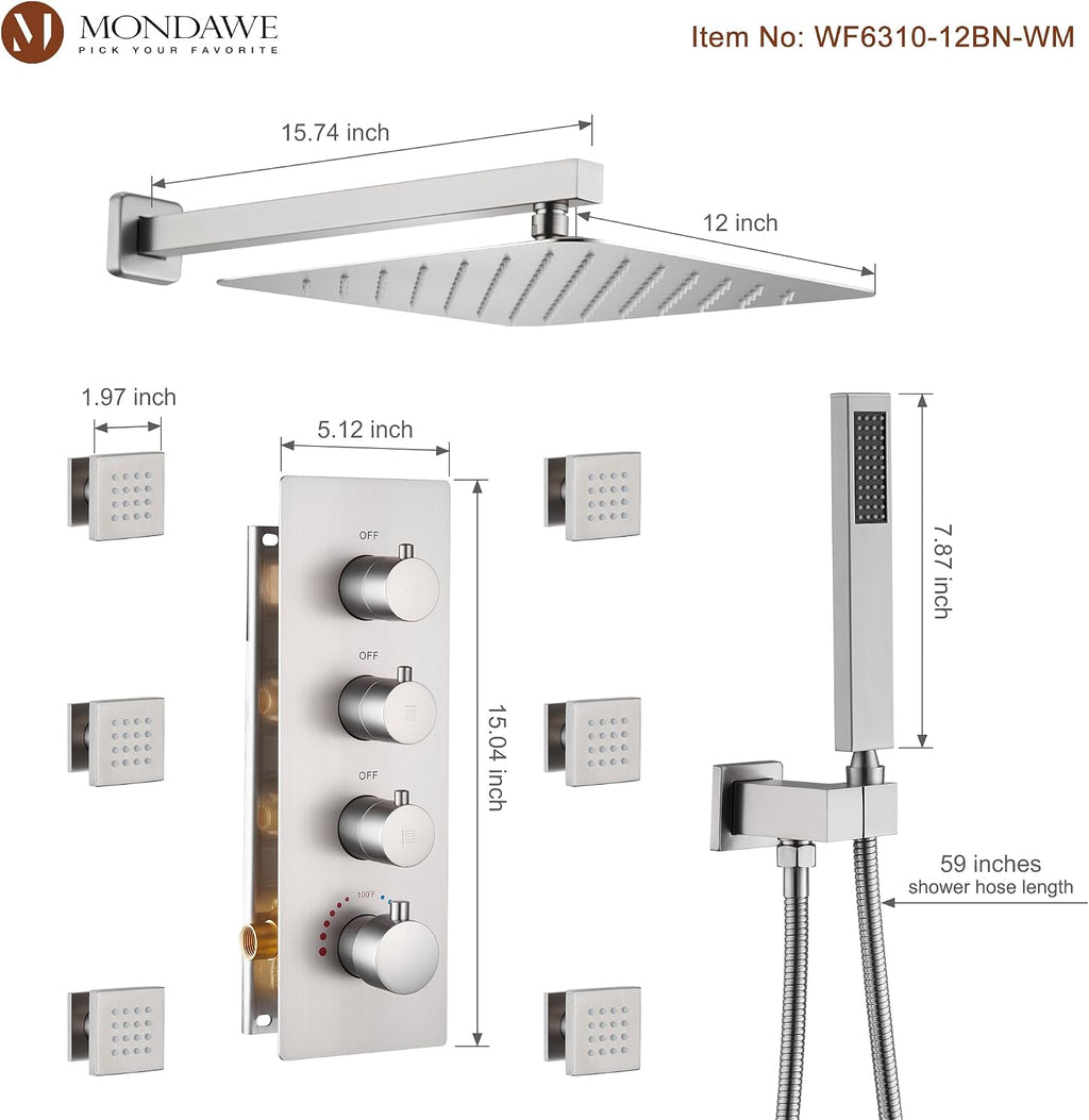 MONDAWE 12 Inch Thermostatic Shower System in Brushed Nickel, Wall Mounted Shower Head with Handheld Spray and 6 Body Jets, High Pressure Bathroom Shower Faucet Set with Thermostatic Valve