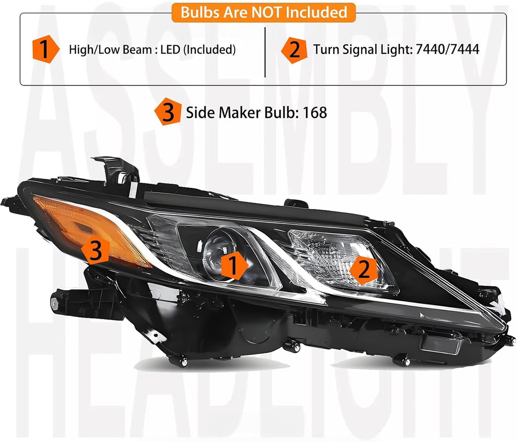 Right Passenger Side LED Projector Headlights Assembly For 2018-2024 Toyota Camry L LE SE TRD Sedan Replacement front bumper Headlamps Black Housing Clear Lens(RH)