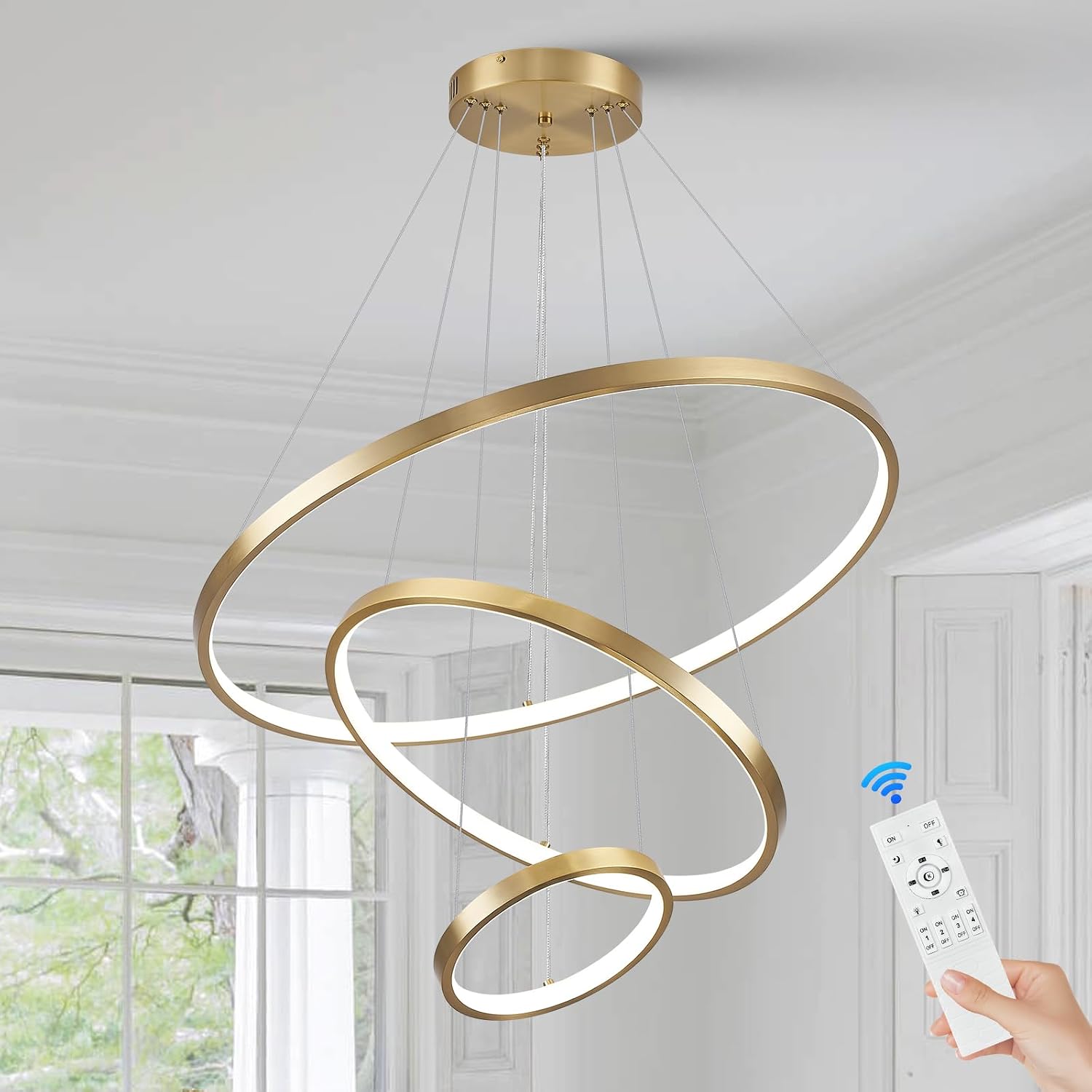 3 Ring Modern LED Chandelier Gold Dimmable Round Chandeliers, LED Circular Pendant Light Fixture with Remote Control for Living Room, Dining Room, Office, Entry, Bedroom