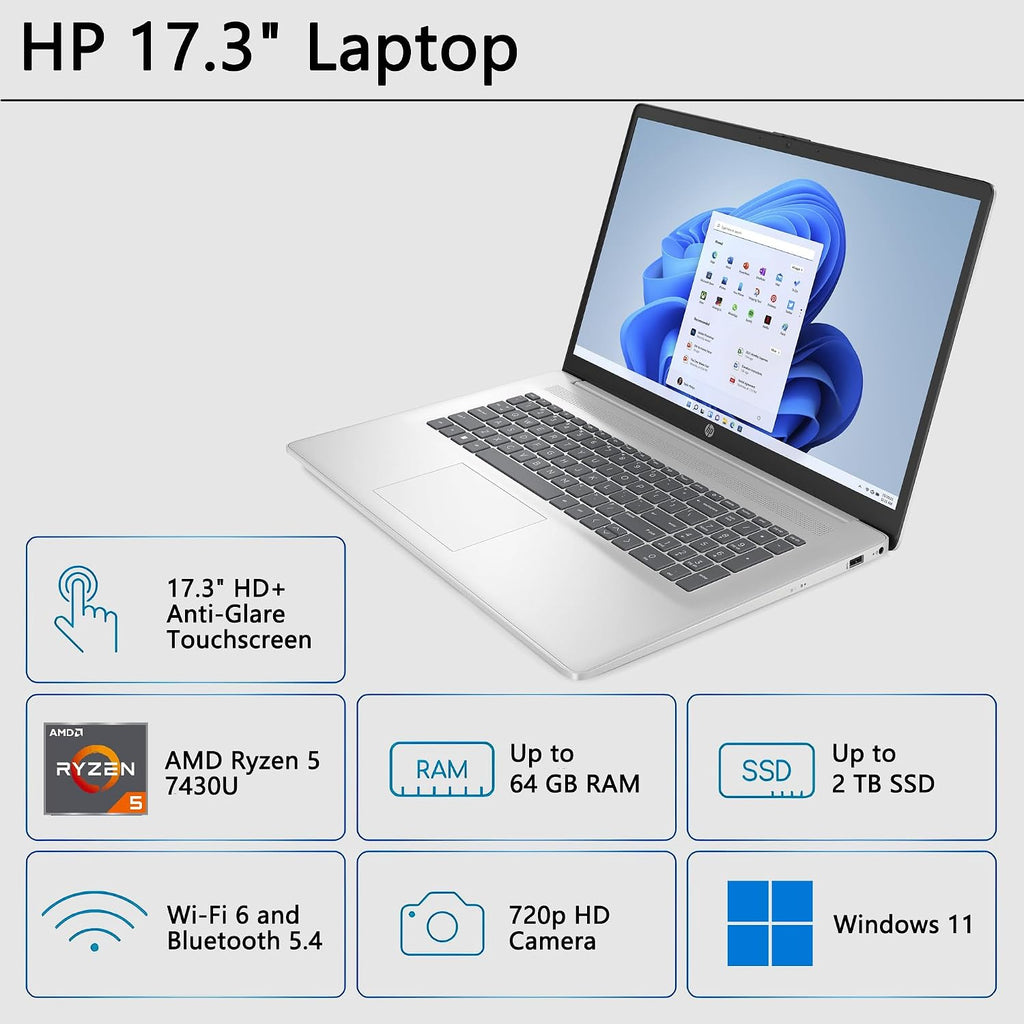 HP 17 Business Laptop | 17.3' HD+ Touchscreen | AMD 6-Core Ryzen 5 7430U (> i7-1255U) | 16GB DDR4 1TB SSD | Privacy Camera Type-C Fast Charge Long-Lasting Battery Win11 w/DLCA Accessory
