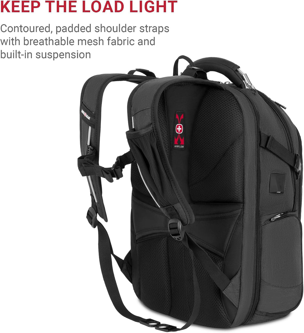 SwissGear Travel Tech Elite Laptop Backpack – Fits Laptops up to 16' – ScanSmart TSA-Friendly Backpack with USB Port, Shoe Compartment & Organizer Pockets – Heather Grey