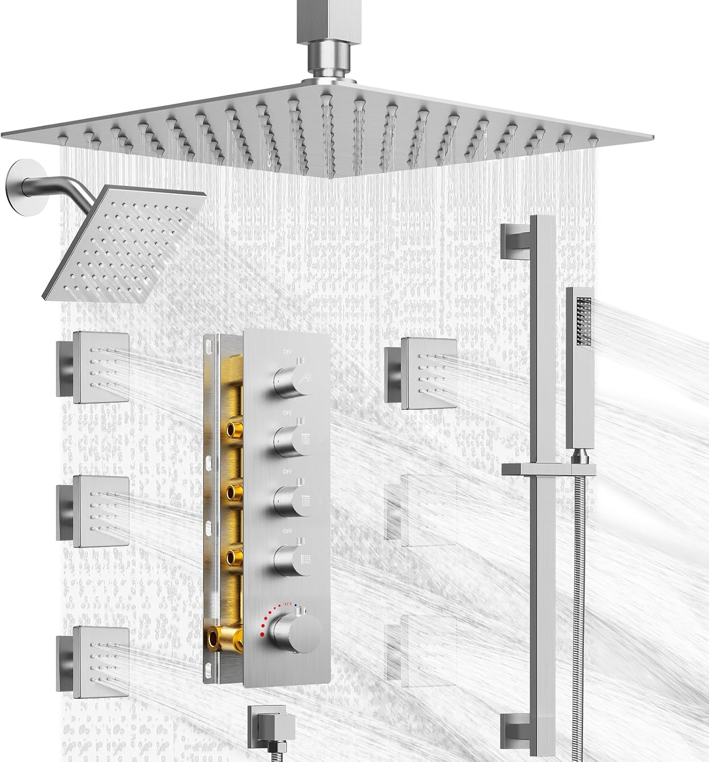 Dual Shower Heads Shower System: Aposhion Thermostatic Shower System - 16' & 6' Rainfall Shower Heads with Handheld Sprayer & 6 Body Massage Jets, Bathroom Shower Faucet Set with Valve, Brushed Nickel