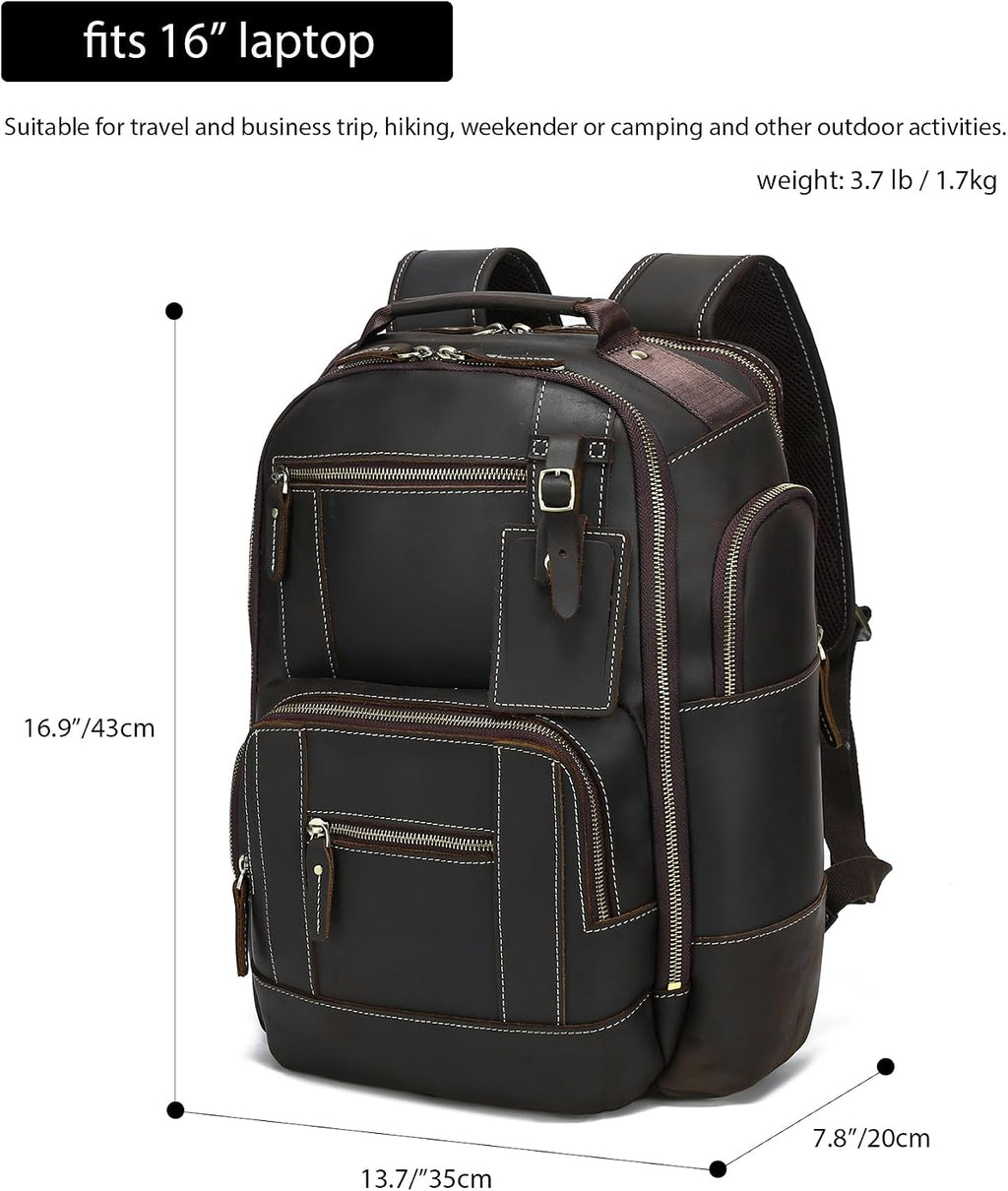 LANNSYNE Vintage Genuine Leather Backpack for men, 15.6' Laptop Backpack Travel Camping 24L Rucksack