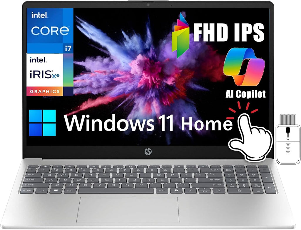 HP 15.6 FHD Touchscreen Laptop for Business & Students, Intel 10-Core i7-1355U (Up to 5Ghz), 16GB RAM 512GB SSD, Intel Iris Xe Graphics, Copilot AI, Numeric Pad, WiFi 6, Windows 11 Home, w/Accessory