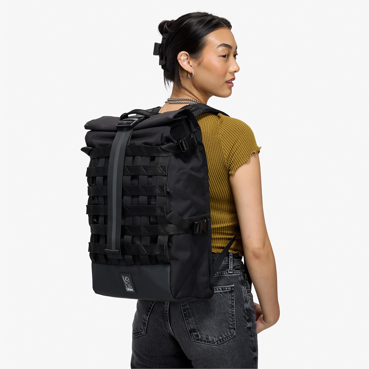 Chrome Industries Barrage 22L Black Roll-Top Backpack – Water Resistant Bag for Work, School, Travel – Features Cargo Net & Laptop Pocket