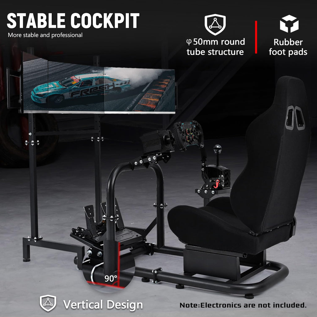 Dardoo Racing Simulator Cockpit with Triple Monitor Stand and Black Seat Fit for Logitech G29 G920 G923, for Thrustmaster T300RS, for Fanatec CSL-DD, No Steering Wheel Pedal or Shifter