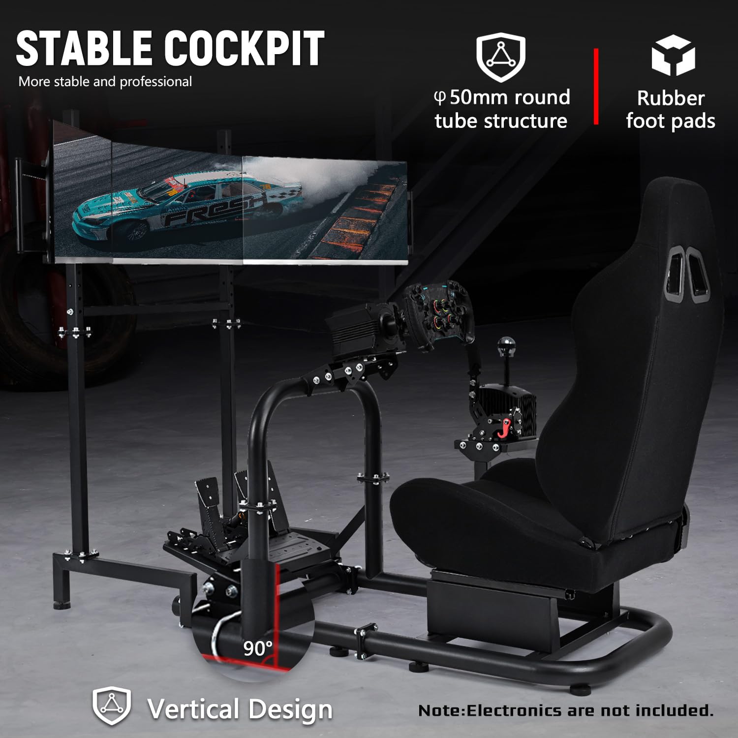 Dardoo Racing Simulator Cockpit with Triple Monitor Stand and Black Seat Fit for Logitech G29 G920 G923, for Thrustmaster T300RS, for Fanatec CSL-DD, No Steering Wheel Pedal or Shifter