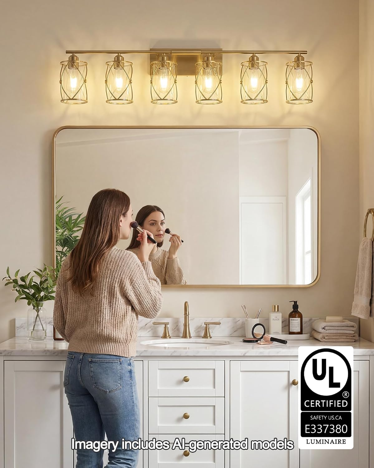 6-Light Brushed Gold Bathroom Light Fixtures Over Mirror, 42' UL-Listed Modern Wall Sconce Lights with Clear Glass and Metal Cage for Bath, Hardwire E26, CH9176BG-6W