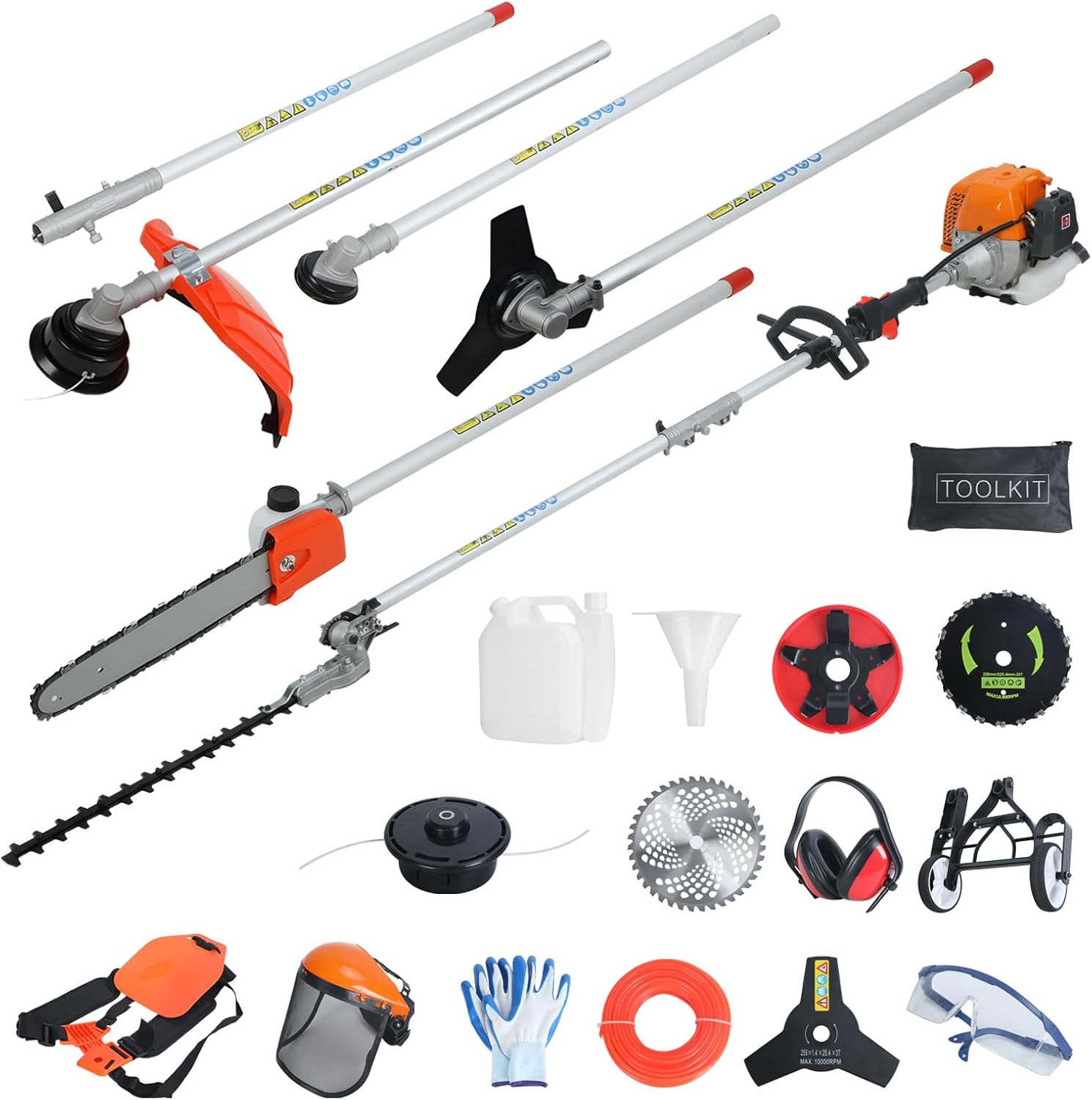 52CC 8-in-1 Gas Weed Eater 2.3KW 2-Stroke Brush Cutter, Multi-Functional Garden Trimmer Kit with Hedge Trimmer, Pole Saw, Pruner, Metal Blade, Auxiliary Wheel, 1.2L Fuel Tank for Lawn, Shrubs, Fences