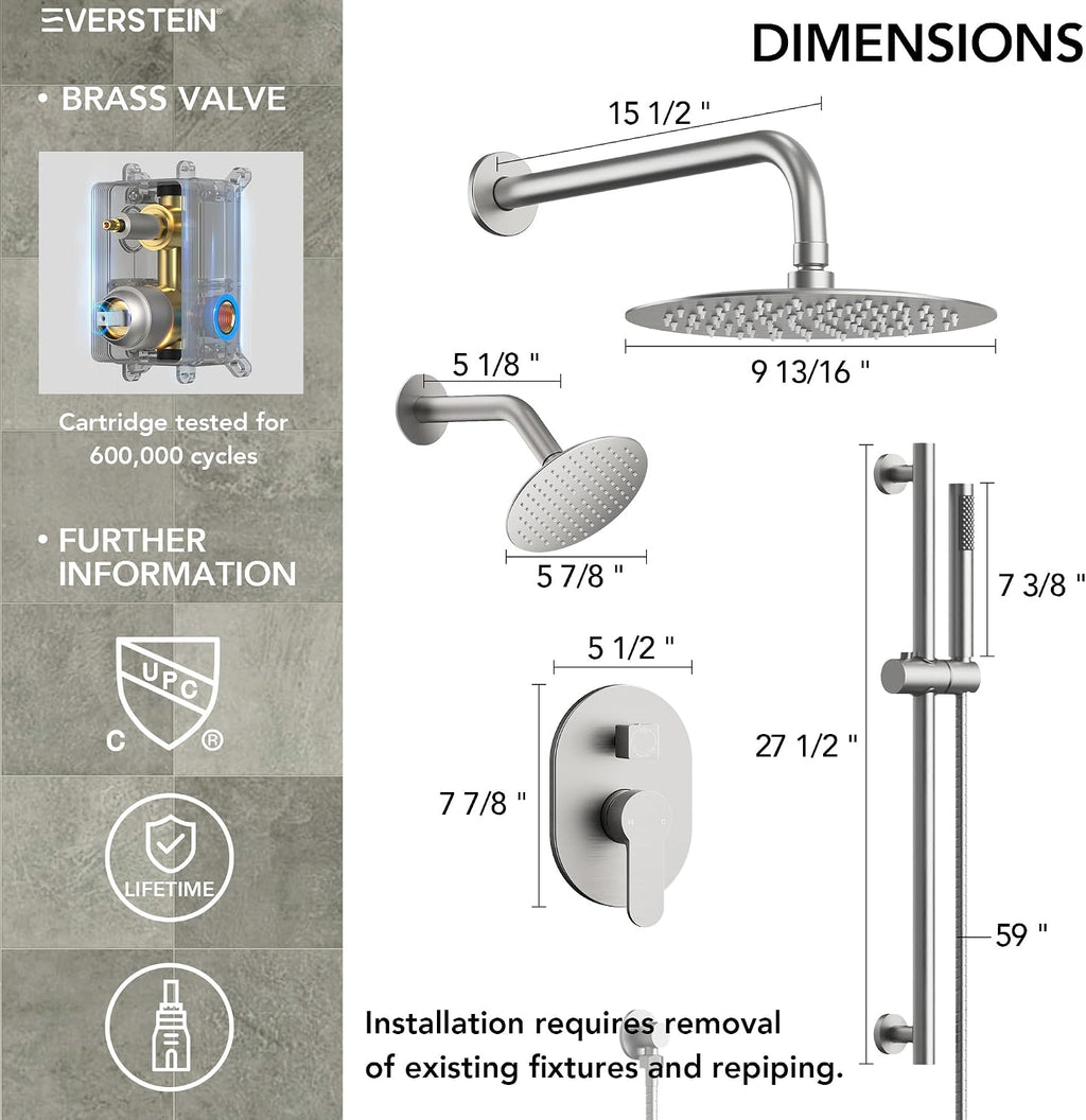 Wall Mount 10' High-Pressure Rainfall Shower Faucet with Slide Bar, Dual Rainfall Shower Head System with Valve (Brushed Nickel)