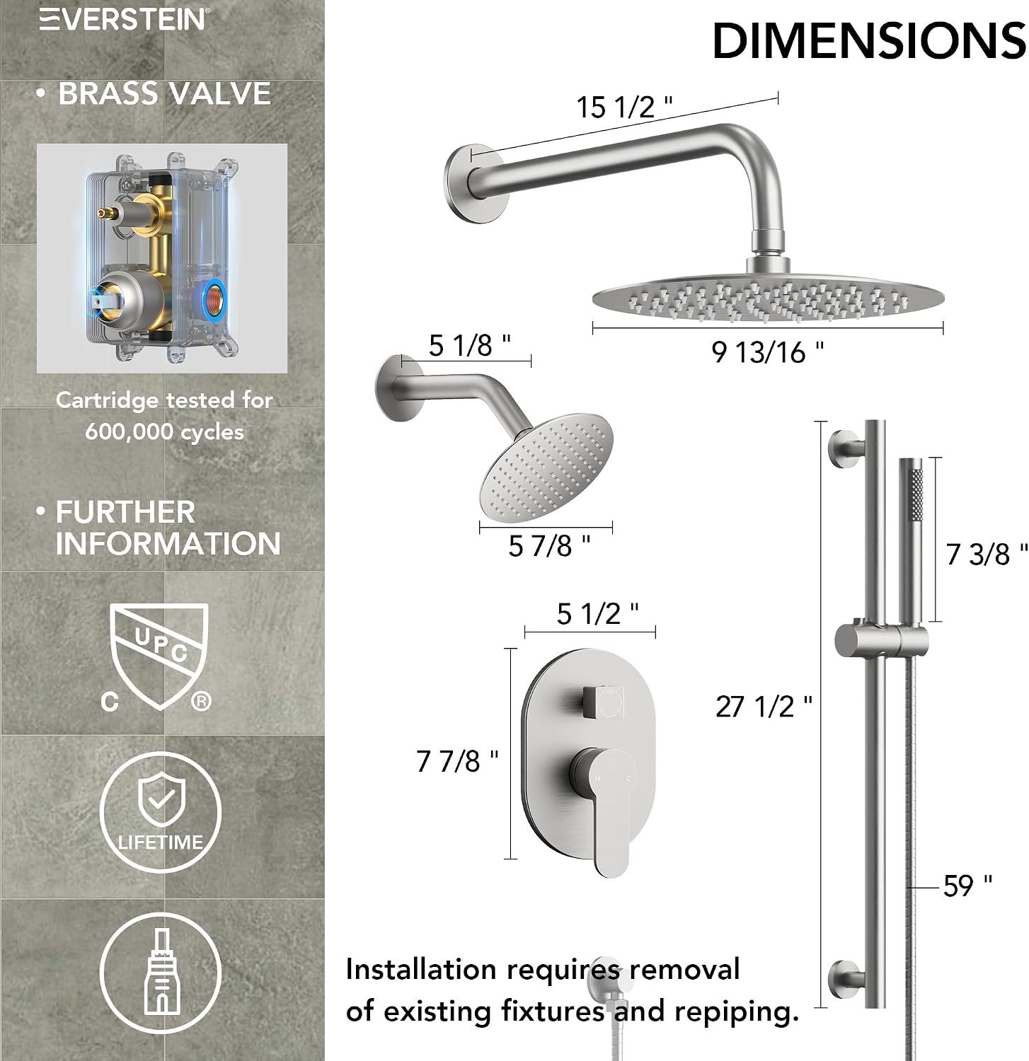 Wall Mount 10' High-Pressure Rainfall Shower Faucet with Slide Bar, Dual Rainfall Shower Head System with Valve (Brushed Nickel)