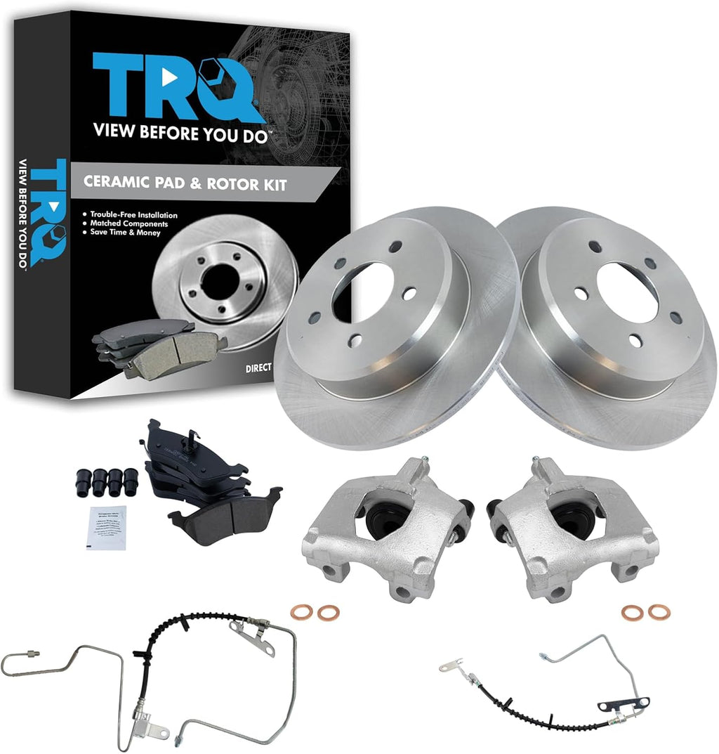TRQ Rear Brake Pad and Rotor Set Ceramic Rotors Calipers Hoses Compatible with 2001-2002 Dodge Caravan