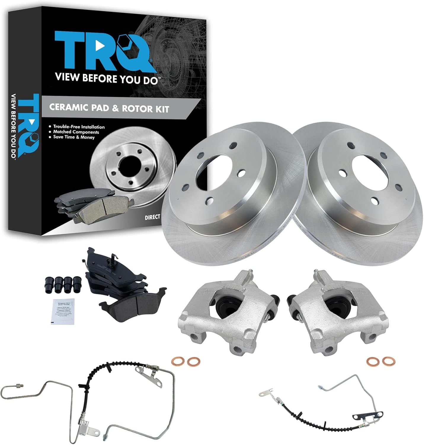 TRQ Rear Brake Pad and Rotor Set Ceramic Rotors Calipers Hoses Compatible with 2001-2002 Dodge Caravan