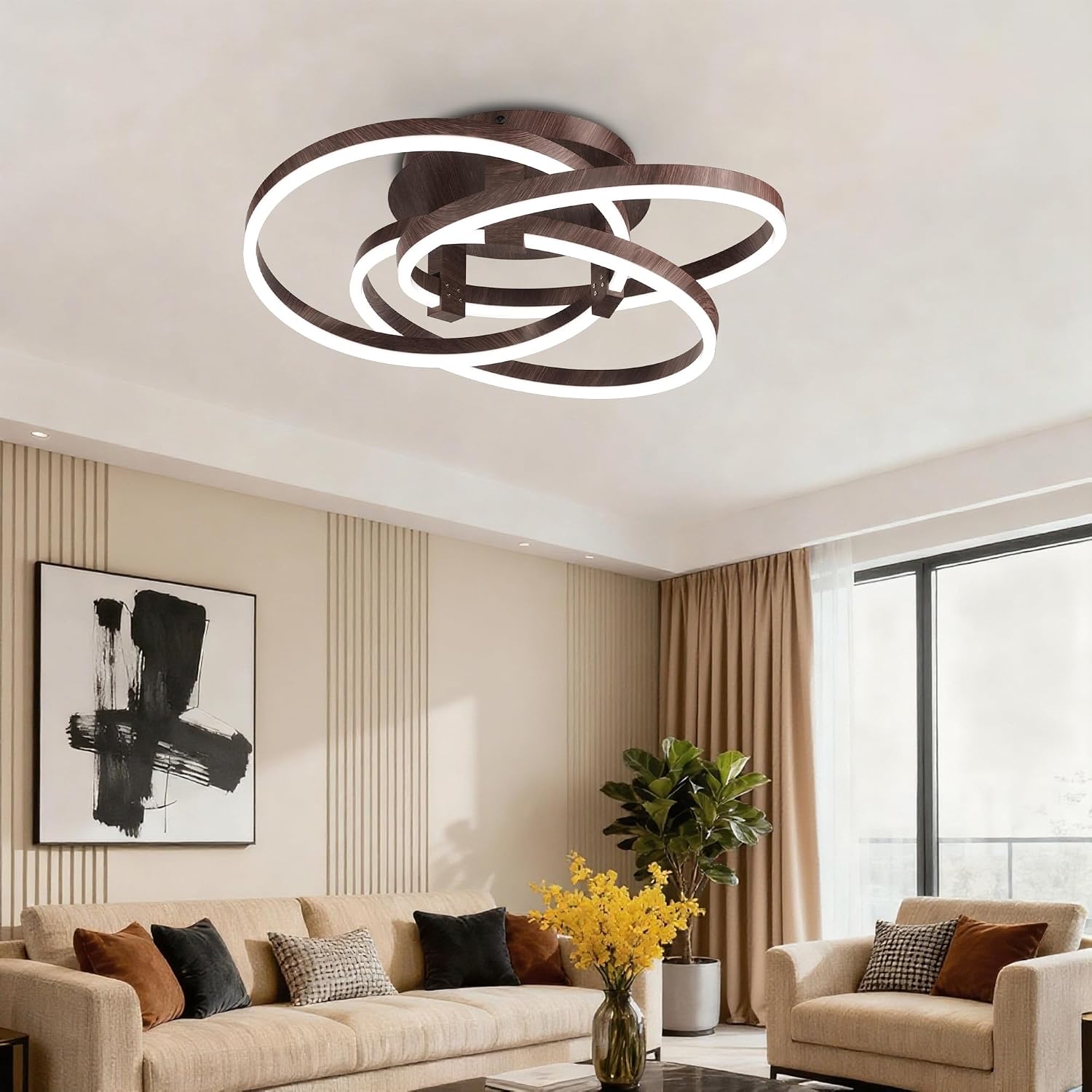 Maxax 23.5' Led Ceiling Light Fixture, Modern 3 Rings Flush Mount Chandelier, Close to Ceiling Lamp for Bedroom Living Room Dining Room Kitchen, ETL Listed, Walnut Color