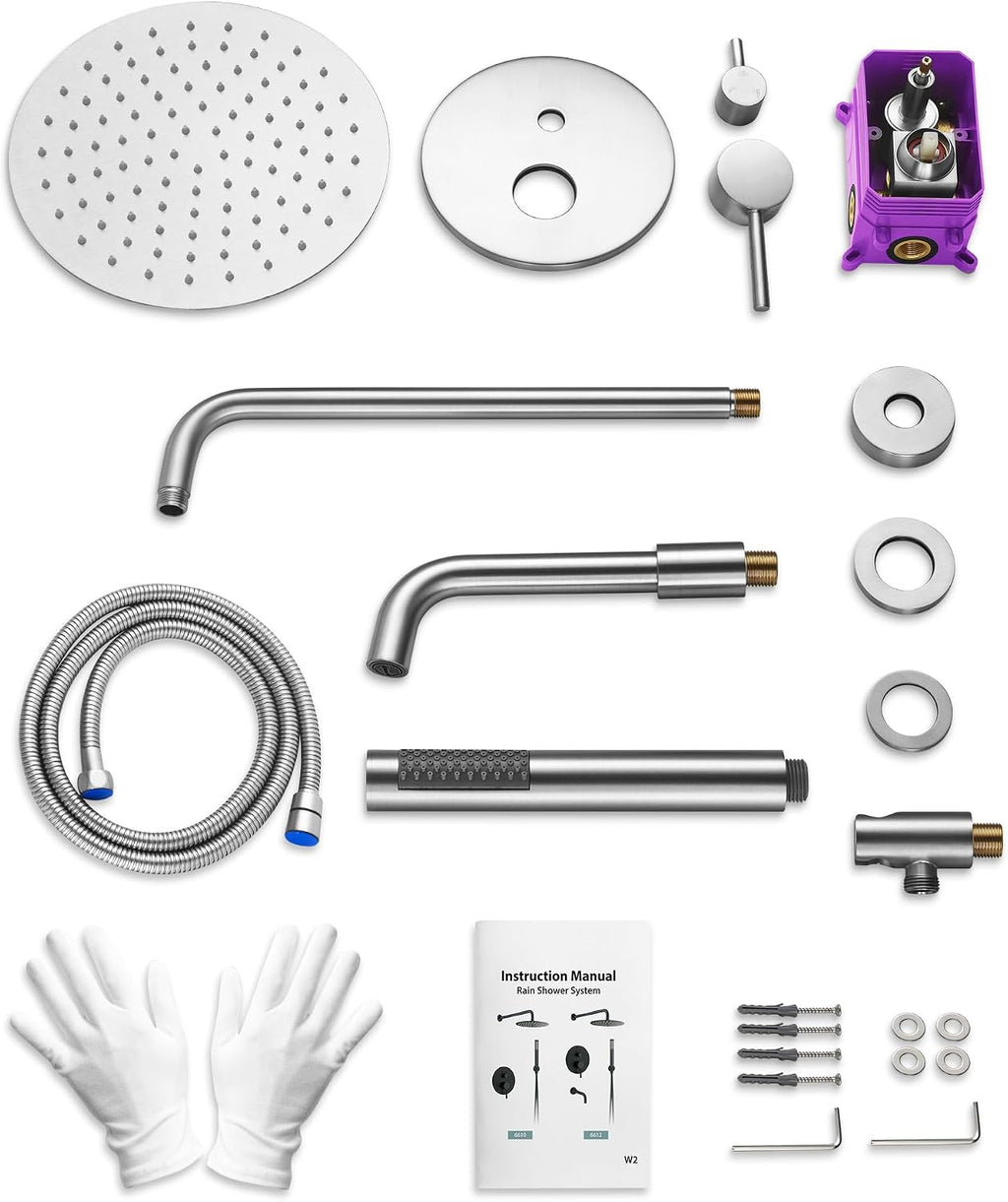 10 Inch Round Shower Faucet Set with Tub Spout, High Pressure Rainfall Shower Head and Handheld Sprayer Combo, Brushed Nickel