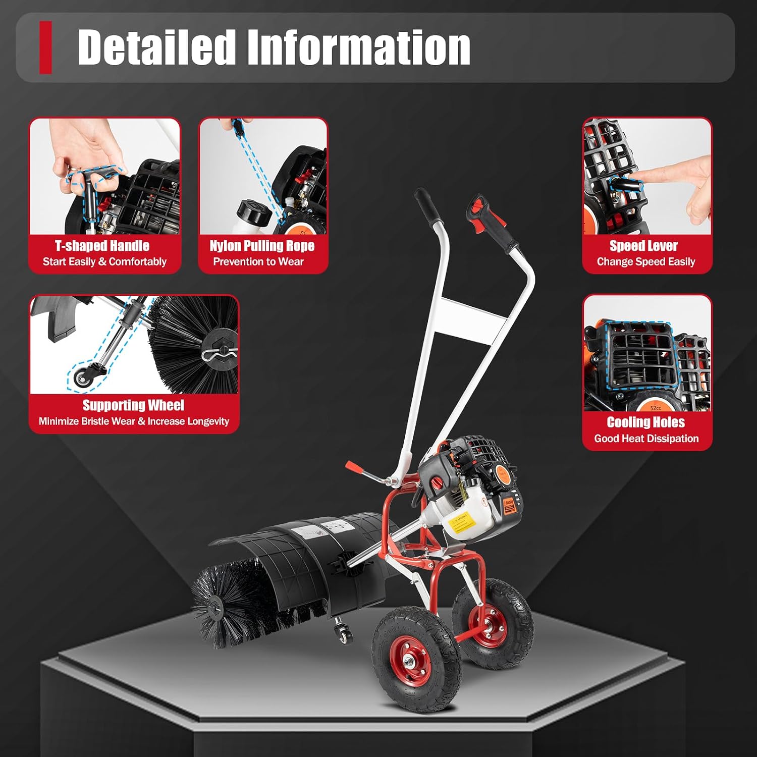 52CC Walk Behind Power Sweeper Broom, 2-Stroke 2.5HP Snow Sweeper Air-Cooled Fuel Engine Snowplow Broom, Outdoor Lawn Sweeper Cleaner Tools for Lawn Leaf Snow Artificial Turf Grass Gravel Cleaning