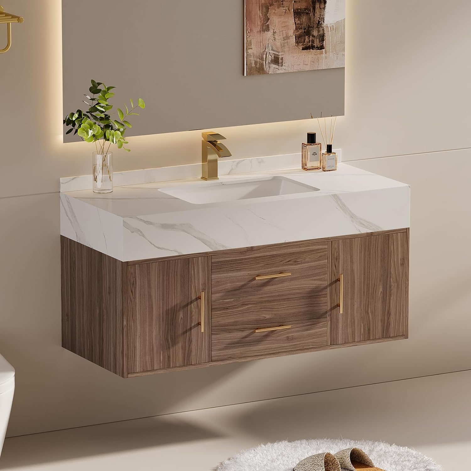 39.3' Floating Bathroom Vanity Set, Modern Wall-Mounted Vanity with Sintered Stone Countertop, Undermount Sink & Walnut Finish, Easy to Clean