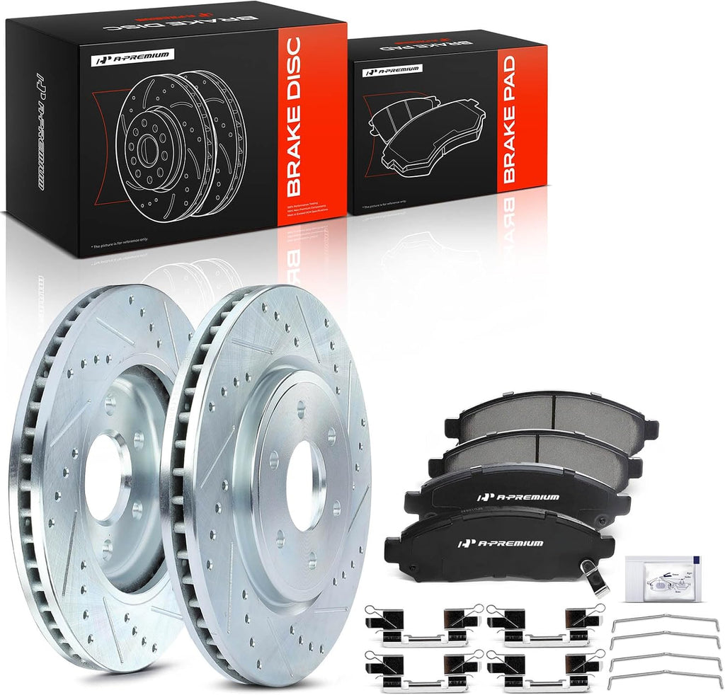 A-Premium 11.65 inch (296mm) Front Drilled and Slotted Disc Brake Rotors + Ceramic Pads Kit Compatible with Select Nissan and Suzuki Models - Frontier 2005-2019, Pathfinder 2005-2012, Xterra, Equator