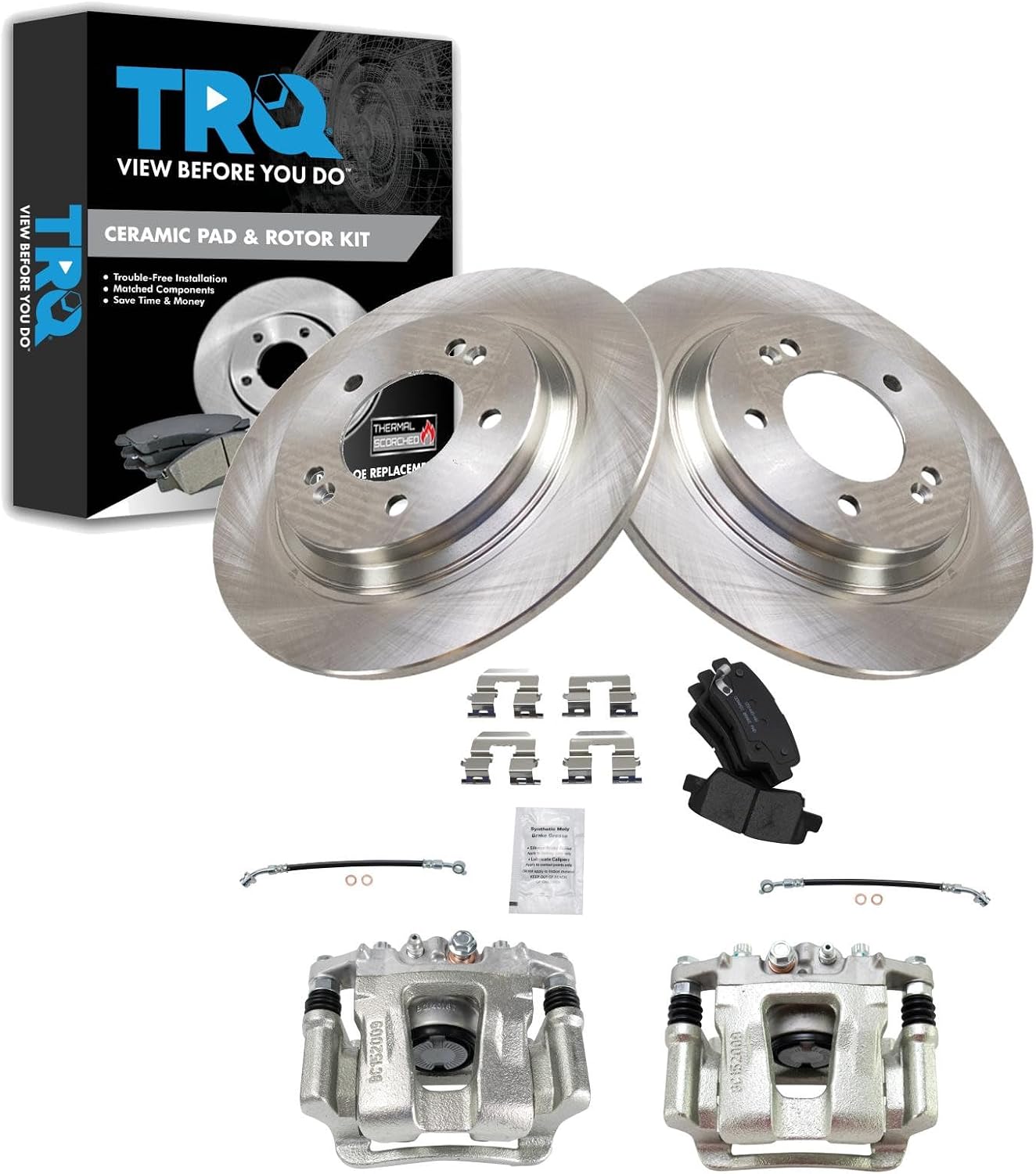 TRQ Rear Brake Pad and Rotor Set Ceramic Rotors Calipers Hoses Compatible with 2014-2016 Kia Optima