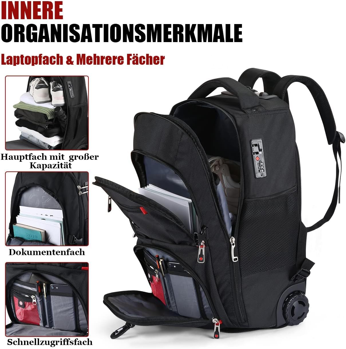 Extra Large Rolling Backpack with Wheels - Water-Resistant, 18' Laptop Compartment, 22.5'x15'x10', 55L Capacity, Ideal Carry-On for Weekend Travel, College, Work - Wheeled Business Backpack for Adults