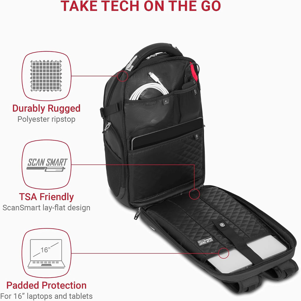 SwissGear Travel Tech Elite Laptop Backpack – Fits Laptops up to 16' – ScanSmart TSA-Friendly Backpack with USB Port, Shoe Compartment & Organizer Pockets – Heather Grey