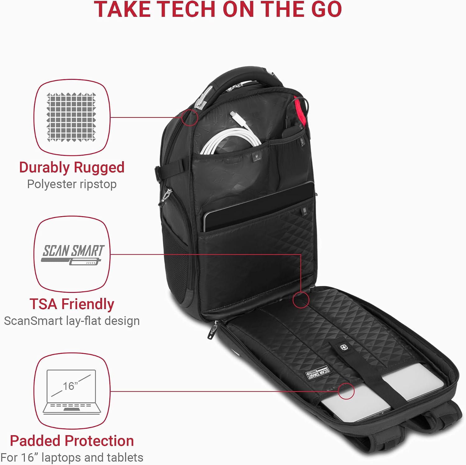 SwissGear Travel Tech Elite Laptop Backpack – Fits Laptops up to 16' – ScanSmart TSA-Friendly Backpack with USB Port, Shoe Compartment & Organizer Pockets – Heather Grey