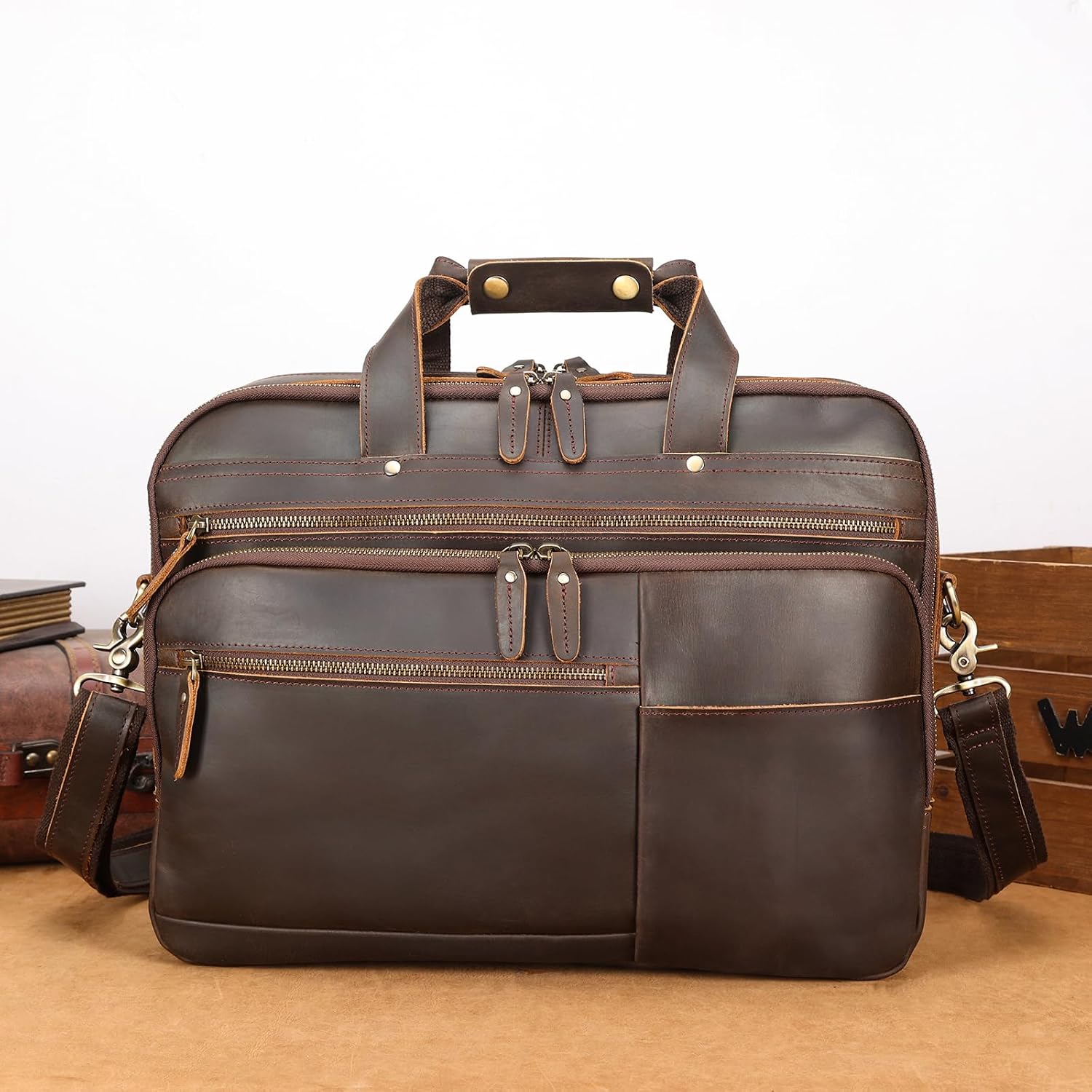 Polare X-Large 18' Full Grain Leather Briefcase For Men Business Travel Case Messenger Bag Fits 17.3' Laptop