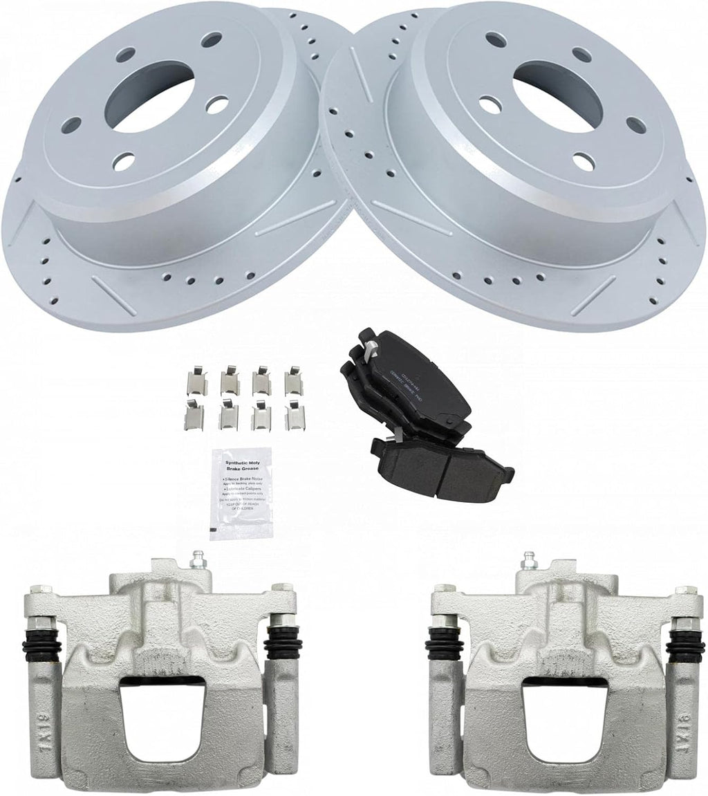 TRQ Performance Rear Brake Pad and Rotor Set Ceramic Coated Drilled Slotted Rotors Calipers Compatible with 2007-2017 Jeep Wrangler 2018 Wrangler JK