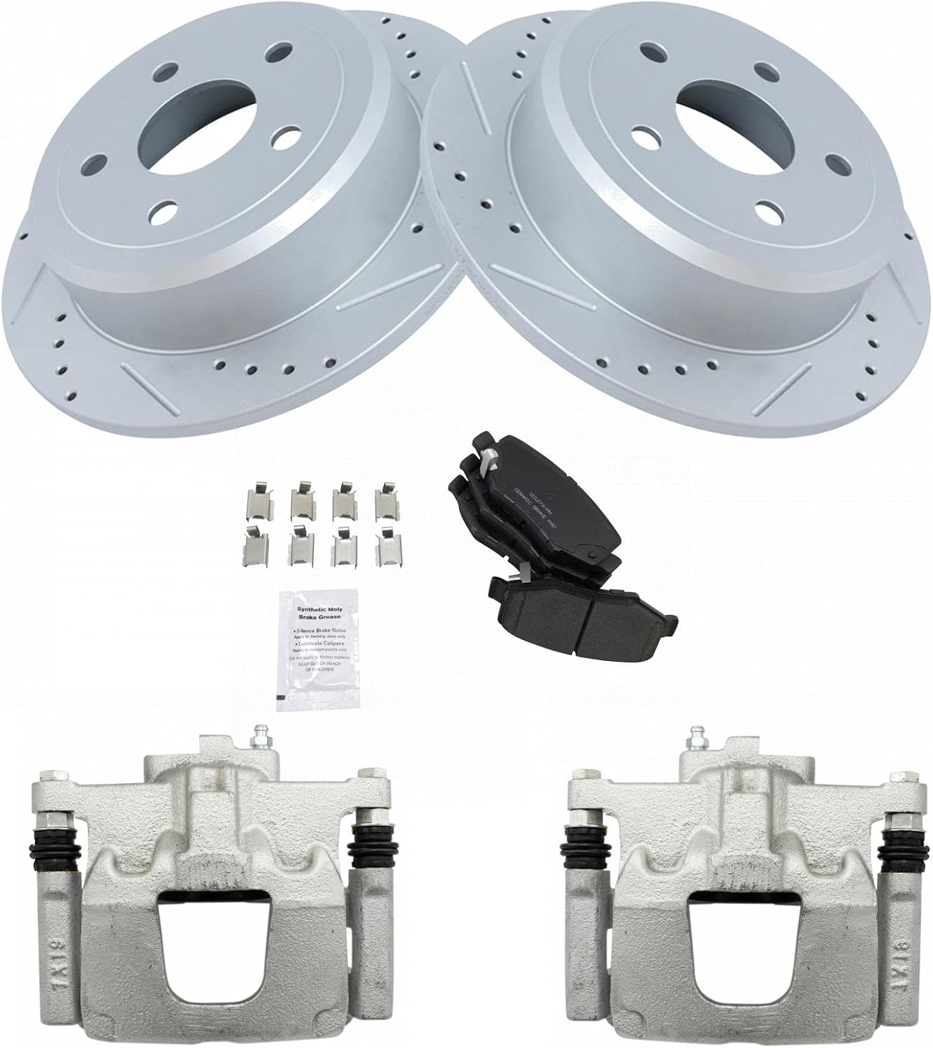 TRQ Performance Rear Brake Pad and Rotor Set Ceramic Coated Drilled Slotted Rotors Calipers Compatible with 2007-2017 Jeep Wrangler 2018 Wrangler JK