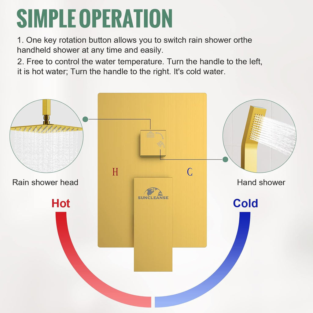 SunCleanse Rainfall Shower Faucet Set Brushed Gold Shower Combo Set for Bathroom with High Pressure 10 inch Shower Head with Handheld Shower Valves Shower Head and Handheld Ceiling Mounted
